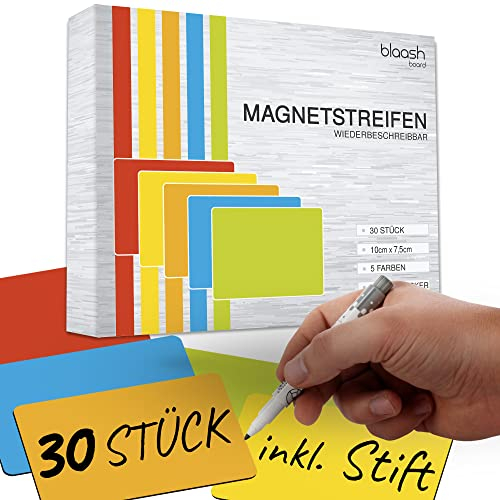 30 Magnetkarten 7,5 x 10 cm beschreibbar | Magnete für Whiteboards, Kühlschränke, Magnettafeln & metallische Oberflächen | inkl. Stift & Radierer | Bunte Magnetschilder zum Beschriften