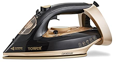 Tower Ceraglide T22018GLD Steam Iron with Ceramic-Coated Soleplate, Anti-Drip, Anti-Calc, 3100 W, Black and Gold