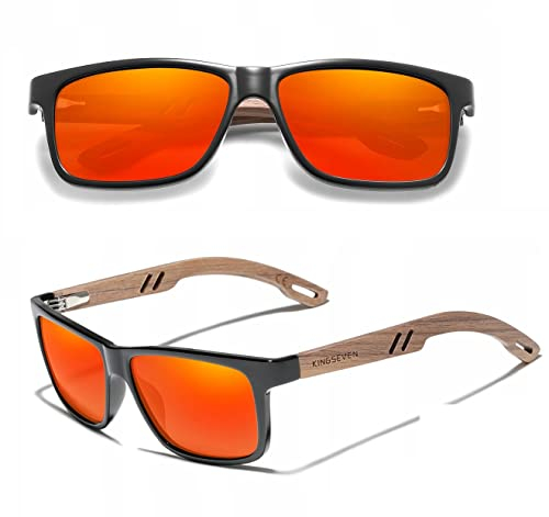 KINGSEVEN Holz Sonnenbrille für Herren und Damen I Unisex Handgefertigte Polarisierte Brille mit Holzbügeln aus Walnuss I UV400-Schutz I Modische Spiegelgläser I Orange