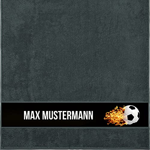 Duschtuch mit Namen - personalisiert - Motiv brennender Fußball - viele Farben & Motive - Dusch-Handtuch - anthrazit - Größe 70x140 cm - persönliches Geschenk mit Wunsch-Motiv und Wunsch-Name