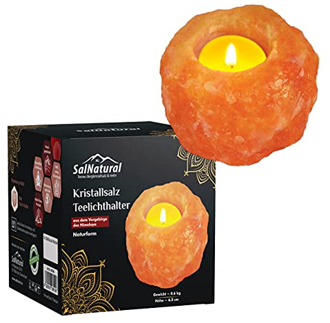 SalNatural - Set di 1 portacandele in cristallo di sale, colore rosa, pietra di sale lavorata a mano (noto come sale dell'Himalaya dalla Salt Range Punjab Pakistan), confezione regalo premium