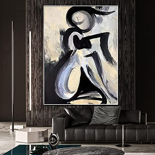 Abstrakte Kunst Gemälde einer Frau Modern Schwarz Weiß Posterdruck auf Leinwand Wandbild Wohnzimmer Dekoration 40x60cmx1pcs rahmenlos
