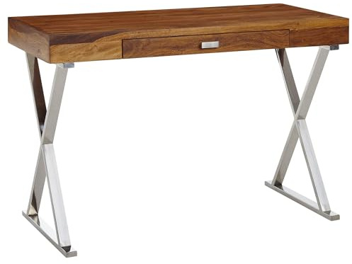 FineBuy Schreibtisch 120x55x78 cm Sheesham Massivholz, X-Gestell Chrom