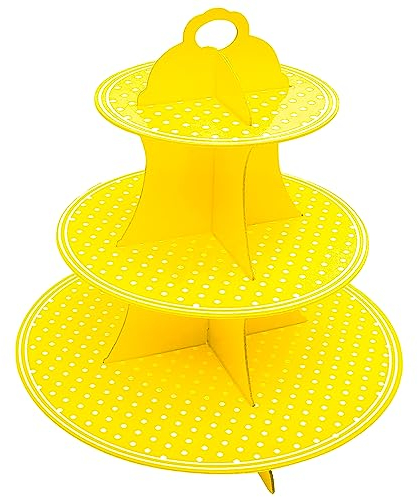 AEX 3 Tier Cake Stand Cardboard | Birthday Cupcake Stands | Cake Stand For Afternoon Tea Stands | Biodegradable Round Food Stand Fruit Dessert Display Cupcake Holder | Yellow Polka Dot
