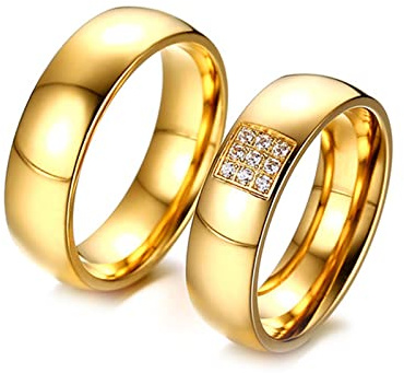 Dsnyu Edelstahlringe Partnerring Gravur, Ringe Hochzeit Paar Gold 6MM Breite Poliert Runden Zirkonia Verlobungsring Paar mit Gravur