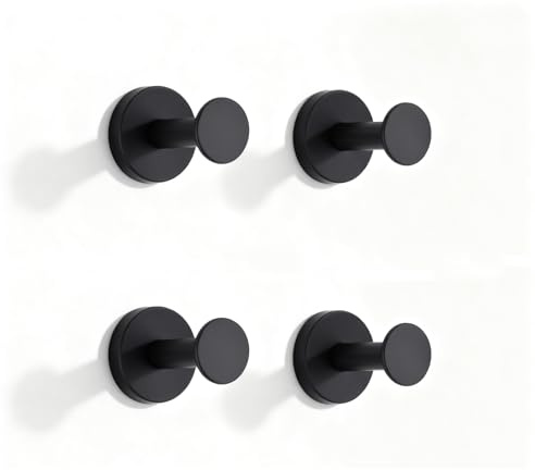 NEWRAIN Towel Hooks, 4 Pack Towel Holder for Bathroom Wall, Cabinet Closet Door, Kitchen, Bedroom, Hotel - Modern Design Effortless Mounting Towel Hangers, Robe Hook Matte Black