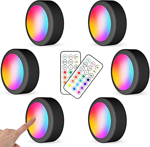 WUYOR Wireless Kabinett Beleuchtung RGB 16 Farben LED Nachtlicht mit Fernbedienung und Timing Funktion Dimmbare batteriebetriebene Kabinett Leuchten für alle Kabinette etc (6 Pakete schwarz)