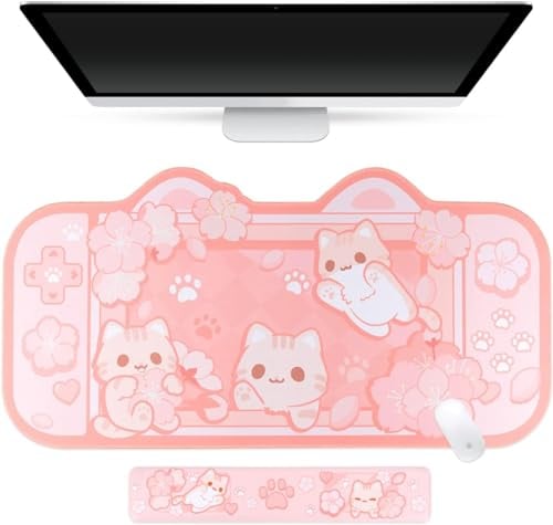 BelugaDesign Sakura Cat Desk Pad | NS Switch-Tastatur, Laptop, Gaming-Setup, Zubehörmatte | Pastellrosa Häschen, Kawaii, süße Anime-Schreibtischunterlage, Schreibunterlage mit Gel-Handgelenkstütze