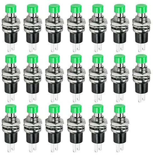 Ampper Interruttori momentanei a Pulsante Mini, 2 Pin On off 1A 250V AC 7MM Round SPST Interruttori momentanei Aperti Normali (Verde, Confezione da 20)