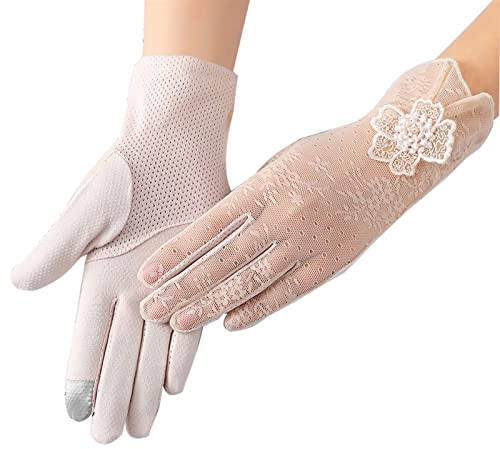 SUNTRADE Frauen Sommer rutschfeste Touchscreen Spitze Handschuhe, UV-Schutz Handschuh für Fahren Hochzeit Parteien, Beige, Einheitsgröße