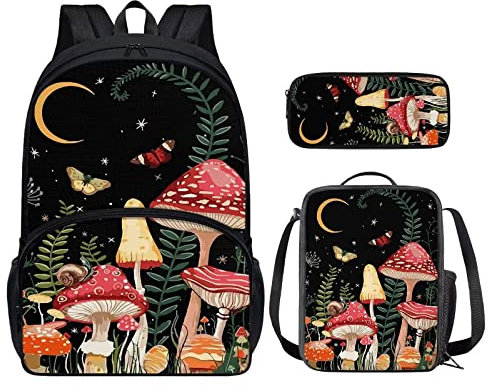 Showudesigns Mochila infantil con lonchera para niños, estuche escolar, Noche de hongos, talla única