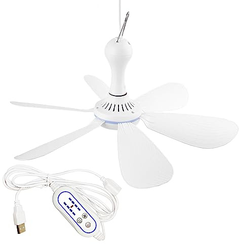 SCOOYEEES Ventilateur de plafond portable alimenté par USB avec interrupteur de minuterie de vitesse, silencieux ventilateur de plafond USB CC avec 6 pales pour camping, croisière, caravane, tente