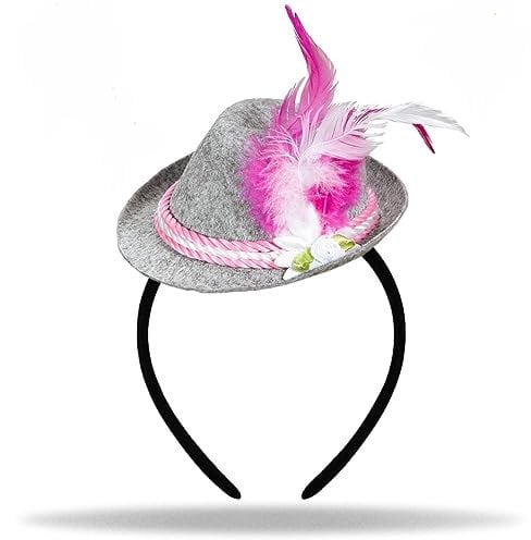 Hatstar Mini Tiroler Hut | Seppelhut Haarreif mit Feder | Seppl Hut Haarband für Oktober Fest-Party | Kostüm Accessoire für Damen & Herren (Seppel Hut rosa)