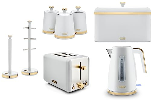 Tower Cavaletto Jug Kettle, 2 Slice Toaster, Bread Bin, 3 Canisters, Mug Tree & Towel Pole in Optic White with Brushed Champagne Gold Accents. Contemporary Matching Kitchen Set of 8 Items