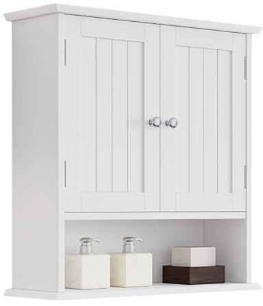 Mino Kesper Badezimmer Wandschrank, Badezimmerschrank Wandhalterung mit 2 Türen und offenem Regal, über dem WC Wandaufbewahrungsschrank, Badezimmer Medizinschrank