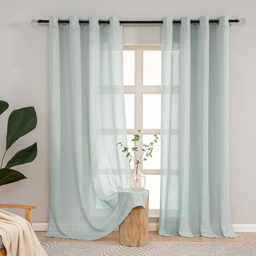 L.Z.E Grün Gardinen Wohnzimmer Modern, Leinen Vorhänge mit Ösen Halbtransparent, 2er Set Leinen Optik Vorhang Schals für Schalfzimmer Kinderzimmer Modern, Landhaus Stil 245 cm Lang, Hellgrün 190g/㎡
