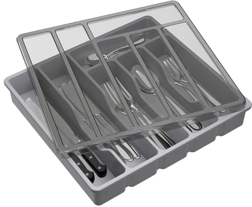 Lifewit Range Couverts pour Tiroir avec Couvercle, Boîte de Rangement Couverts de Cuisine, Organisateur de Couverts en Plastique, pour Cuillères Fourchettes, Couteaux, 6 Compartiments, Gris