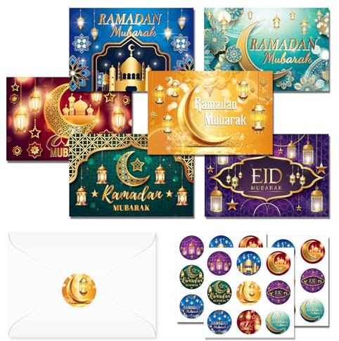 Valicaer 24 Stück Eid Mubarak Karten,Islamische Eid Karte mit 24 Umschlägen und Eid Mubarak Aufkleber,Papier Ramadan Grußkarten,Saisonale Ramadan Mubarak Glückwunschkarte für Party Dekoration