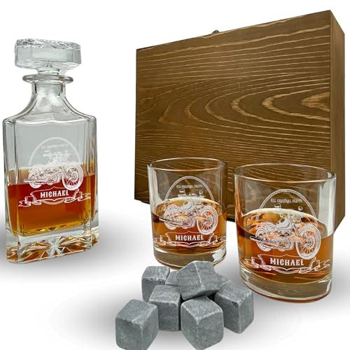 Whisky Set mit Gravur Motorrad personalisiert mit Name Karaffe 700 ml und Gläser verschiedene Motive Motorradfahrer Biker Geschenk (Motiv 1: Bike, Box mit 1 Karaffe, 2 Gläsern und 8 Whisky-Steinen)