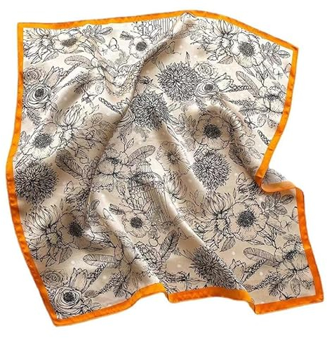 GIMIRO Schal aus imitierter Seide [53 x 53cm] Quadratische Schals Impressionismus-Muster Vintage-Schal für Büroarbeit oder lässigen Bund (Orange/Beige/Black Flower)