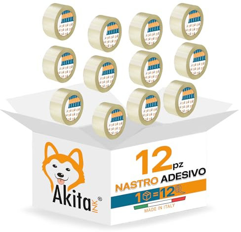 AKITAInk Nastro Adesivo Per Imballaggi Pacchi 12 pcs 50×66 Metri Nastro da Imbalaggio Silenzioso, Fortemente Adesivo e Resistente all' Acqua. (12, TRASPARENTE)
