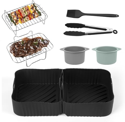 Pietuley Silicone Air Fryer Liners for Ninja Flex Drawer Air Fryer Accessories AF500UK/ Ninja Foodi Flexdrawer Dual Air Fryer 10.4L, Including Air Fryer Racks, Large Poached Egg Moulds (Set of 8)