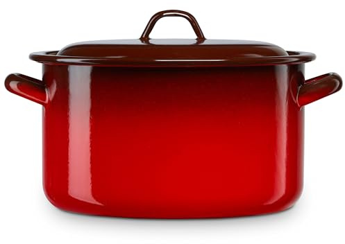 briebe Gerader Kochtopf für die Küche, Induktion, 34 cm, 18,5 l, groß, mit Deckel, emaillierter emaillierter Stahl, geeignet für Glaskeramik, Feuer, Gas, Backofen, Vintage-Zündung, Rot