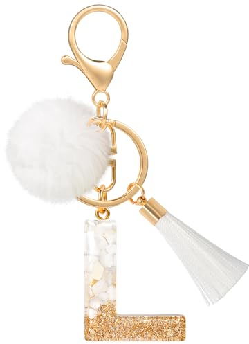 MWOOT Schlüsselanhänger L Buchstabe Bommel Quasten, Cute White Gold Keyring mit Namen, Schön Personalisiert Keychain Frau Auto Schlüsselanhänger, Tasche Anhänger Dekoration Schulanfang Geburtstag(L)