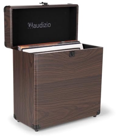 Audizio RC32 Vinyl Record Case Holder - Wood Finish Storage with Flannel Lining, Metal Latch, Hinge, Carry Handle, Holds 30-35 LP Records