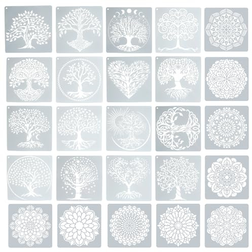 25 stencil a forma di albero della vita, stencil per artigianato, lavabili, riutilizzabili, per dipingere su legno, parete, pavimento, mobili, decorazione della stanza (15,2 x 15,2 cm)