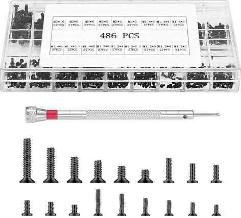 486 Pcs Small Screws for Glasses Repair Kit, M1.2 M1.4 M2 Glasses Repair Replacement Screws for Electronics Laptop Computer Watch with Screwdriver, Black