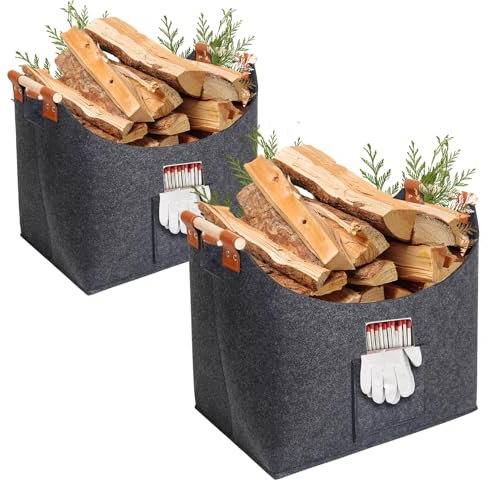 YeaHapiday 2pcs Felt Firewood Basket with Handles Log Baskets for Fireplaces Indoor Outdoor Foldable Multi-Use Firewood wicker basket for Shopping, Vegetables, Newspaper or Firewood 45x32x40 cm