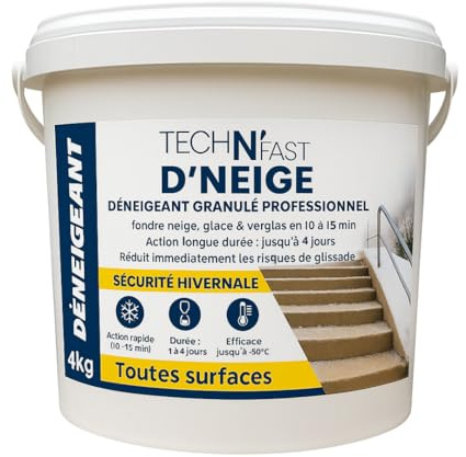 Déneigeant déglaçant à action rapide et effet longue durée - efficace jusqu'à -50°C - Non agressif pour les animaux et les matériaux (seau 4kg) - D'NEIGE