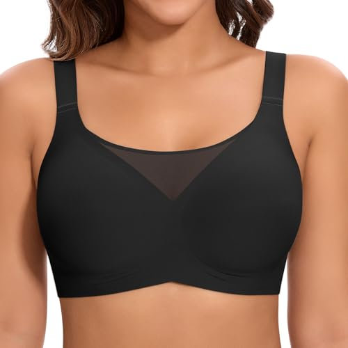 Cavotor Non Wired Bras for Women Seamless Push Up Bra T Shirt Soft Comfort Support Bras for Saggy Breasts Lace Wireless Bralettes with Bra Extender (Black,2XL)