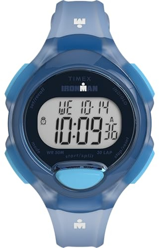 Timex Ironman Damen-Armbanduhr, 34 mm, blaues Polyurethan-Armband, digitales Ziffernblatt, blaues Gehäuse TW5M65800