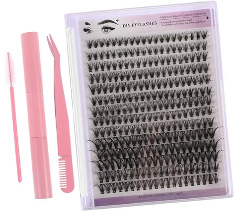 CALLARON 1 Sets Thick False Eyelashes Cluster Spiky Dramatic Lash Extension Kit Extensions Kiss Supplies Glue Kits for Natural Individual Tools Beginners Adhesive and Pink Plastic