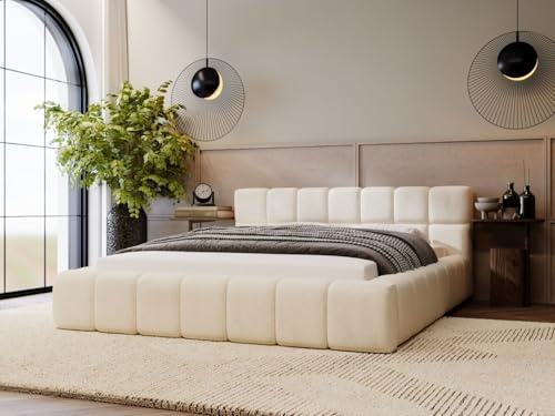GRAINGOLD Alicante Bett 140x200, Polsterbett mit Bettkasten, Polsterbett mit Stauraum, Velour, mit Lattenrost, mit Kopfteil, ohne Matratze (Beige, 140x200)