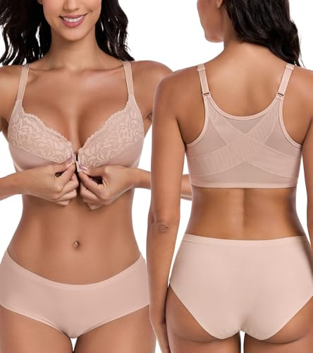 Lemorosy Reggiseno Donna Ferretto Chiusura Anteriore Pizzo Schiena X | Spalline Regolabili Imbottito Push up Sostegno Pratico per indossare e togliere Allevia spalle e schiena