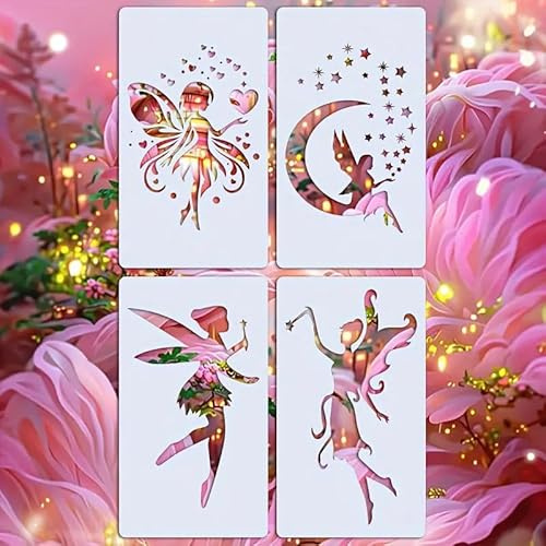 4 Fairy Stencils for Crafts Reusable, DIY Journal Templates | Detailed stencils for painting and tracing fairy patterns, suitable for journals, scrapbooks and various craft projects.