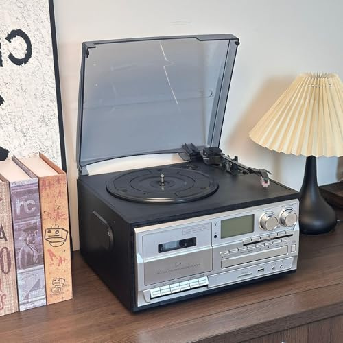 10-in-1 CD Bluetooth Cassette Player, Retro Record Player, 3 Speed Vinyl Turntable & Cassette, with Remote Control, Built-in Speakers, for Entertainment/Office/Bedroom