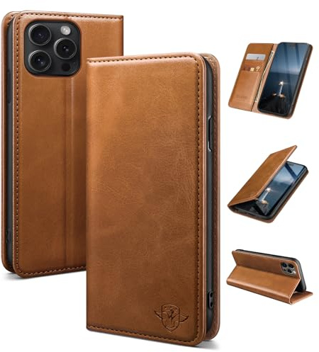 SUANDUCK for iPhone 16 Pro Max 6.9 mobile phone case magnetic leather flip case with RFID-blocking card compartment, adjustable stand and 360° drop protection with Apple 16 Pro Max Light Brown
