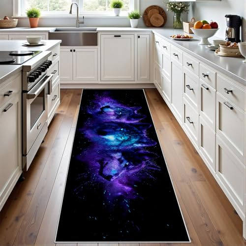 Meugesoi Tier Wolf Teppich Läufer Flur 60x120 cmFantasy Sternenhimmel Teppichläufer Tierwelt Küchenläufer Küche Teppiche rutschfest Waschbar Bettvorleger für Flur Waschküche