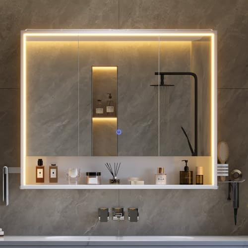 mojiasion Specchio Bagno Contenitore 90x78x18 cm – Luce LED Incassata su 3 Lati, Design a 360° per Visione Totale, Touch 3 Luci, Prese, Porta Asciugacapelli e Asciugamani, Mobile Bagno con Specchio