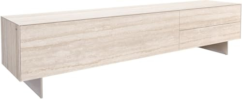 DELIFE TV-Board Cuor Keramik Laminam® Travertino Bianco Creme-Weiß 220 cm 1 Klappe 2 Schubfächer Fuß Schwebeoptik Edelstahl Lowboard