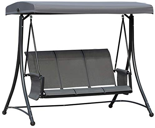 Cenbunsh 3-Sitzer Hollywoodschaukel, Gartenschaukel mit Sonnendach, Schaukelbank mit Ablage, Aluminium, Grau, 196 x 128 x 172 cm