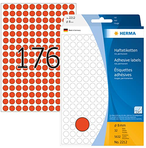 HERMA 2212 Punktaufkleber Klebepunkte rot, 5632 Stück, Ø 8 mm, 176 pro Bogen, selbstklebend, Markierungspunkte für Kalender Planer Basteln, matt, blanko Papier Farbpunkte Aufkleber