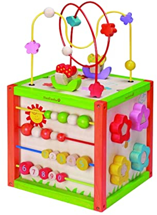 EverEarth 5-in-1 Garten-Spiel-Würfel aus nachhaltigem Holz – Motorikspielzeug mit Sortierspiel, Motorikschleife und weiteren Aktivitäten – unbedenkliche Wasserfarben – Aktivitätswürfel EE30968