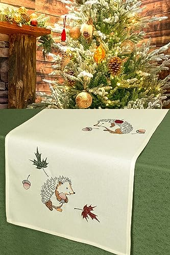 KAMACA Tischläufer 40x140 cm rechteckig mit filigraner Stickerei Küche Esstisch Tisch Dekoration Eyecatcher in Herbst Winter Weihnachten (Igel im Herbst)