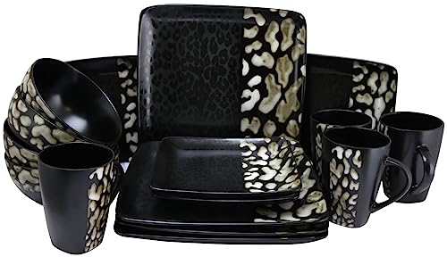 Elama - Set di stoviglie modello, Terraglia, Nero opaco con motivo ghepardo., 16 pz