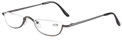 Lesebrille mit halbem Rahmen, Federscharniere für Männer und Frauen, schmal, Halbmondlinse, Leser, Metall, halbrandlos, Brille (grau, +3,5)